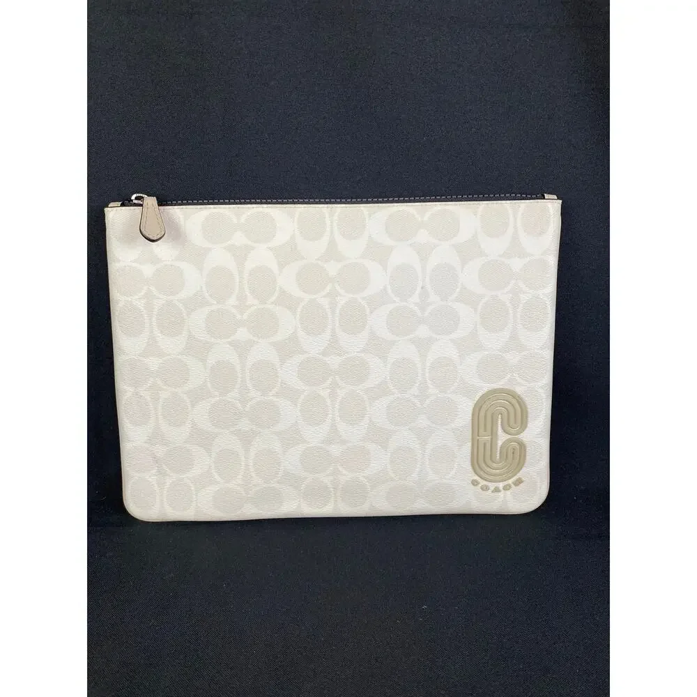 COACH Signature Canvas Large Pouch Chalk Steam Patch Clutch Bag 1314